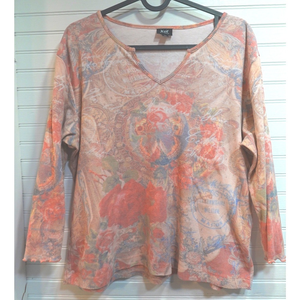 Women's Y2K Top Size Large Xcit Cotton Blend 3/4 Sleeve Butterfly Fairy Whimsy